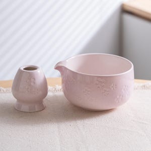 Matcha Bowl Set with Bamboo Whisk Handmade Pink Cherry Blossom Japanese Tea Ceremony Kit Bowl+Holder