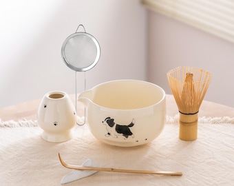 Juego de cuencos de matcha con diseño de Border Collie, adorable kit de cerámica para amantes de los perros.