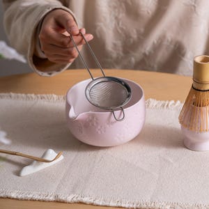 Matcha Bowl Set with Bamboo Whisk Handmade Pink Cherry Blossom Japanese Tea Ceremony Kit image 2