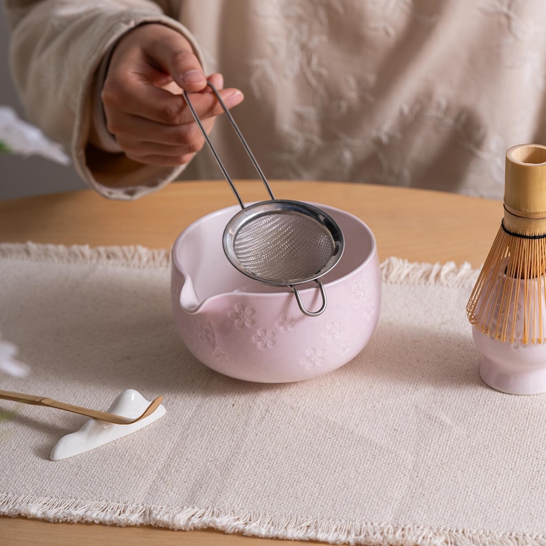 Matcha Bowl Set with Bamboo Whisk Handmade Pink Cherry Blossom Japanese Tea Ceremony Kit image 2