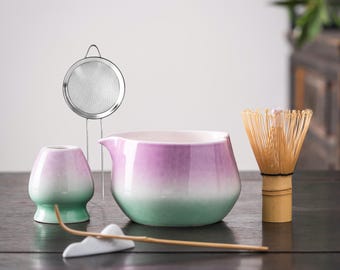 Gradient Ceramic Matcha Bowl Set: Bamboo Whisk, Chasen Holder, 500ml