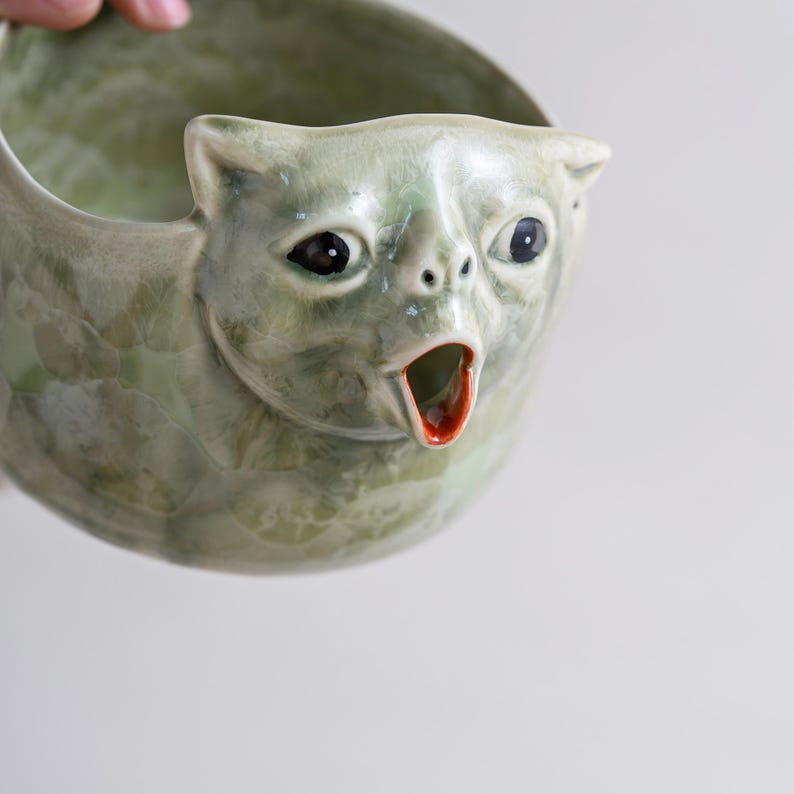 May include: A light green ceramic bowl featuring a sculpted creature face on the rim. The creature has dark eyes and an open mouth that serves as a spout, with a reddish-orange interior. The bowl has a glossy, mottled glaze finish throughout.