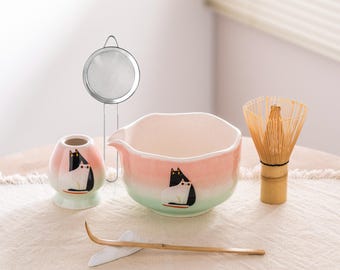 Handmålad katt Matcha skålset: Rosa grönt keramik tekit