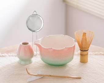 Hand-Painted Cherry Blossom Matcha Set: Pink to Green Ceramic Bowl