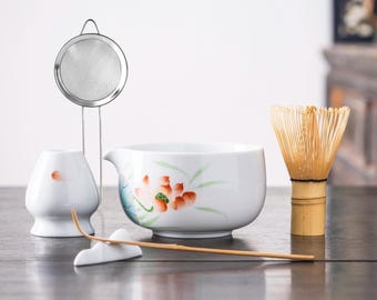 Hand-Painted Lotus Matcha Bowl Set: Ceramic Whisk, Spout & Holder