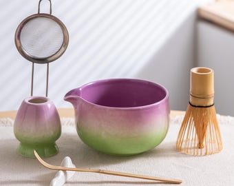 Set di ciotole da matcha fatte a mano con sfumature viola e verdi - Kit per la cerimonia del tè giapponese Katakuchi con Chasen