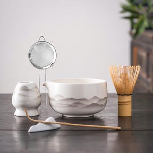 Ink Painting Ceramic Matcha Bowl with Spout Bamboo Whisk and Chasen Holder, Japanese Tea Ceremony Matcha Gift Set 450ml
