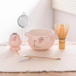 Matcha Bowl Set Hand - Painted Cherry Blossom Cat with Whisk and Strainer