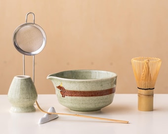 Matcha-komset teckelgroene Japanse matcha-set met bamboegardezeefje en schepje Cadeau voor hondenliefhebbers