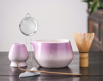Gradient Ceramic Matcha Bowl Set: Bamboo Whisk, Chasen Holder, 500ml