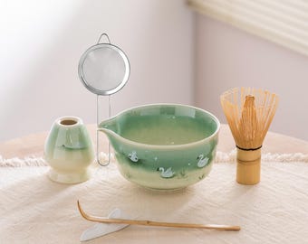 Matcha Bowl Set Green Celadon Ceramic Japanese Tea Ceremony Kit with Swan Design