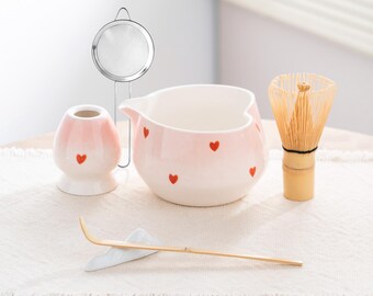 Juego de té matcha de cerámica con forma de corazón rosa, kit de té japonés kawaii