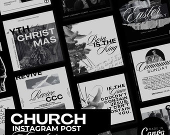 May include: Black and white collage of images with text overlays. The text includes "Church Instagram Post Template", "Revive CCC", "Born is the King", "If the grave couldn't contain Jesus, it can't contain you", "Easter Sunday", "Communion Sunday", and "YTH leads Christmas".