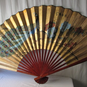 Japanese Hand painted Wall Fan 68x39 Peacock & Floral Gold signed on the top