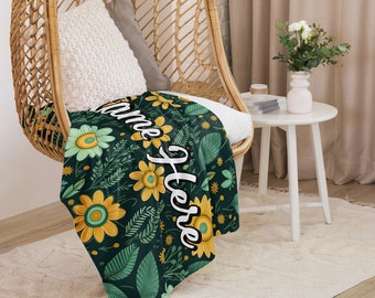 Personalized Floral Sherpa Blanket with Name || Custom Floral Throw Blanket || Spring Cozy Blanket || For Gift Idea || For Souvenir