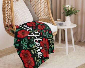 Personalized Floral Sherpa Blanket with Name || Custom Floral Throw Blanket || Spring Cozy Blanket || For Gift Idea || For Souvenir