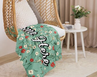 Personalized Floral Sherpa Blanket with Name || Custom Floral Throw Blanket || Spring Cozy Blanket || For Gift Idea || For Souvenir