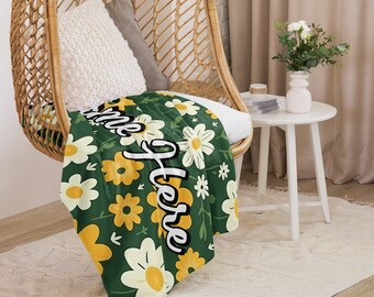 Personalized Floral Sherpa Blanket with Name || Custom Floral Throw Blanket || Spring Cozy Blanket || For Gift Idea || For Souvenir
