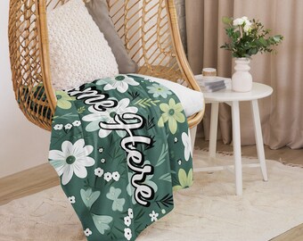 Personalized Floral Sherpa Blanket with Name || Custom Floral Throw Blanket || Spring Cozy Blanket || For Gift Idea || For Souvenir