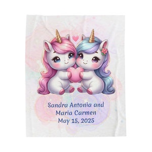 Manta personalizada para bebé con diseño de unicornio y gemelos, manta de pana de felpa personalizada para niñas recién nacidas, rosa y morado, suave, regalo perfecto para gemelos