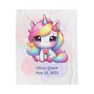 Custom Unicorn Baby Blanket - Personalized Velveteen Plush Gift for Newborn, Pink Green Blue Purple, 50x60&quot;, Cozy & Lightweight, Unique Gift