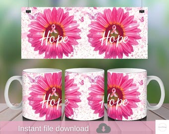 Hope Sunflower Mug Wrap | Pink Breast Cancer Awareness Sublimation Design | Inspirational Flower Mug PNG