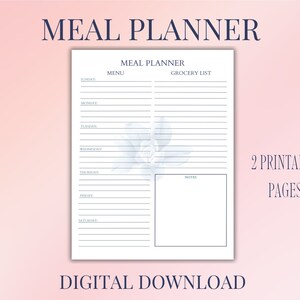 Weekly Meal Planner Printable: Grocery List, A4 A5 US Letter (Digital Download)