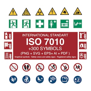 Può includere: Un cartello rosso e bianco con il testo "INTERNATIONAL STANDART ISO 7010 +300 SYMBOLS (PNG + SVG + EPS+ AI + PDF) Graphical symbols - Safety colours and safety signs - Registered safety signs". Il cartello è circondato da una varietà di simboli di sicurezza, tra cui segnali di avvertimento, segnali di divieto e segnali obbligatori.