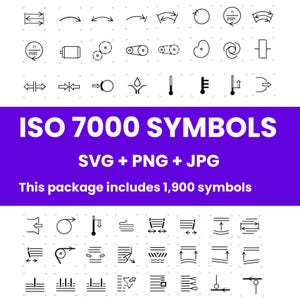Może przedstawiać: Zbiór czarno-białych symboli ISO 7000, w tym strzałki, okręgi i inne elementy graficzne. Obraz zawiera tekst "ISO 7000 SYMBOLS SVG + PNG + JPG" i informuje, że pakiet zawiera 1900 symboli.