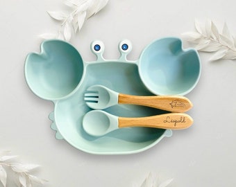 Cangrejos Juego de destete de silicona personalizado cena para niños pequeños, kit de destete para bebés con nombre, plato para niños pequeños, regalo de ducha para padres cuchara de cangrejo impermeable