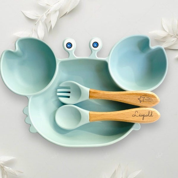 Krabbe Personalisierte Silikon Entwöhnung Set Kleinkind Abendessen, Baby Entwöhnung Kit mit Name, Kleinkind Teller, Dusche Geschenk Eltern wasserdicht Krabbe Löffel