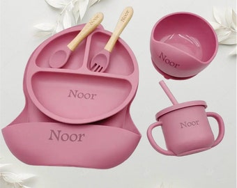 Set per lo svezzamento in silicone personalizzato, cena per bambini, kit per lo svezzamento con nome, piatto per bambini, regalo per la doccia per bambini, cucchiaio per bavaglino impermeabile per genitori