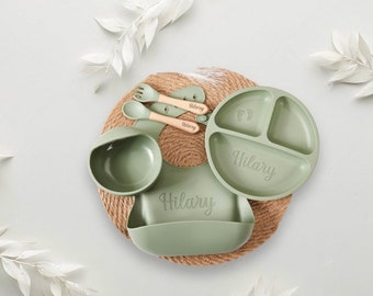 Ensemble de sevrage en silicone personnalisé, dîner pour tout-petits, kit de sevrage pour bébé avec nom, assiette pour tout-petits, cadeau de baby shower pour parents cuillère à bavoir étanche