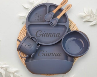 Set de destete de silicona personalizado, cena para niños pequeños, kit de destete para bebés con nombre, plato para niños pequeños, regalo baby shower padres cuchara babero impermeable