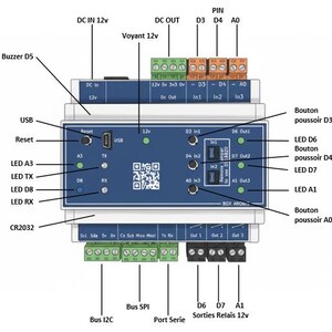 May include: Diagram of an electronic circuit board with labels in English. Includes DC IN 12v, DC OUT, a USB port, and multiple terminals. Features a QR code, LED indicators, and text such as 'Reset' and 'Buzzer D5'.
