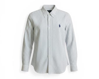 Camisa polo Ralph Lauren blanca con rayas azules. Corte clásico LT.