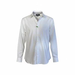 May include: A white long-sleeve button-down shirt with a classic collar. The shirt has a tailored fit and is made of a smooth fabric. A small green tag is attached near the buttons.