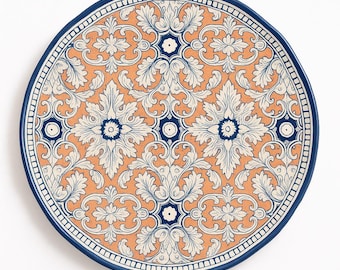 Mediterranean Ceramic Plate | Navy & Peach Floral, 12" Boho Decor