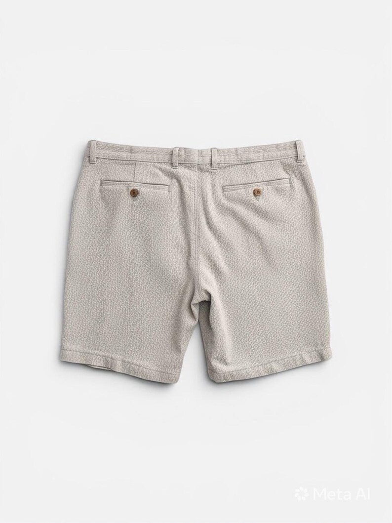 May include: Light beige shorts with a textured pattern. The shorts have two back pockets with brown buttons and a belt loop waistband. The shorts are made of a soft, woven fabric.