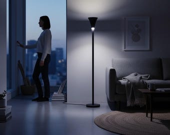 Modern Black Torchiere Floor Lamp – Minimalist Uplight, Living Room / Bedroom