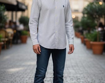 Ralph Lauren Polo Dress Shirt white with Blue Stripes. LT Classic Fit