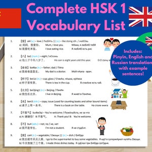 May include: A colourful chart with Chinese characters, pinyin, English and Russian translations, and example sentences. The chart is a guide to learning basic Chinese vocabulary. The chart includes images of a family, a cup of tea, a house, a book, and vegetables.