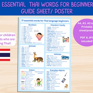 77 wesentliche Wörter für Anfänger der Thai-Sprache [Leitfaden/Poster], druckbares Poster in den Seitengrößen A4, A3, A2 (PDF- und JPG-Dateien enthalten)