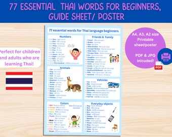 77 essential words for Thai language beginners [guide sheet/poster], printable poster A4, A3, A2 sheet sizes (PDF and JPG files included)