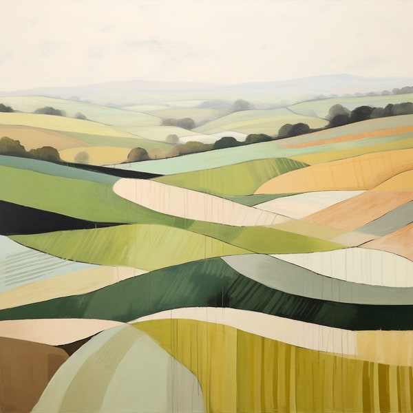 Abstract Rolling Hills Cotswold Landscape. Print version of the original. Large Wall Art Prints, Countryside, Extra Large Painting, Wall Art