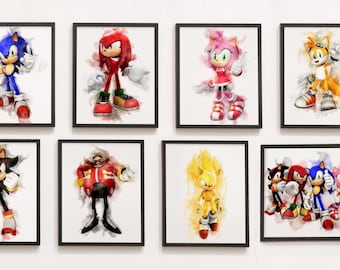 Juego de 8 láminas de Sonic en acuarela, arte de pared para habitación infantil de Sonic, decoración para habitación de niños, regalo de cumpleaños, descarga digital en acuarela, tamaños A4 y 8 x 10 pulgadas.