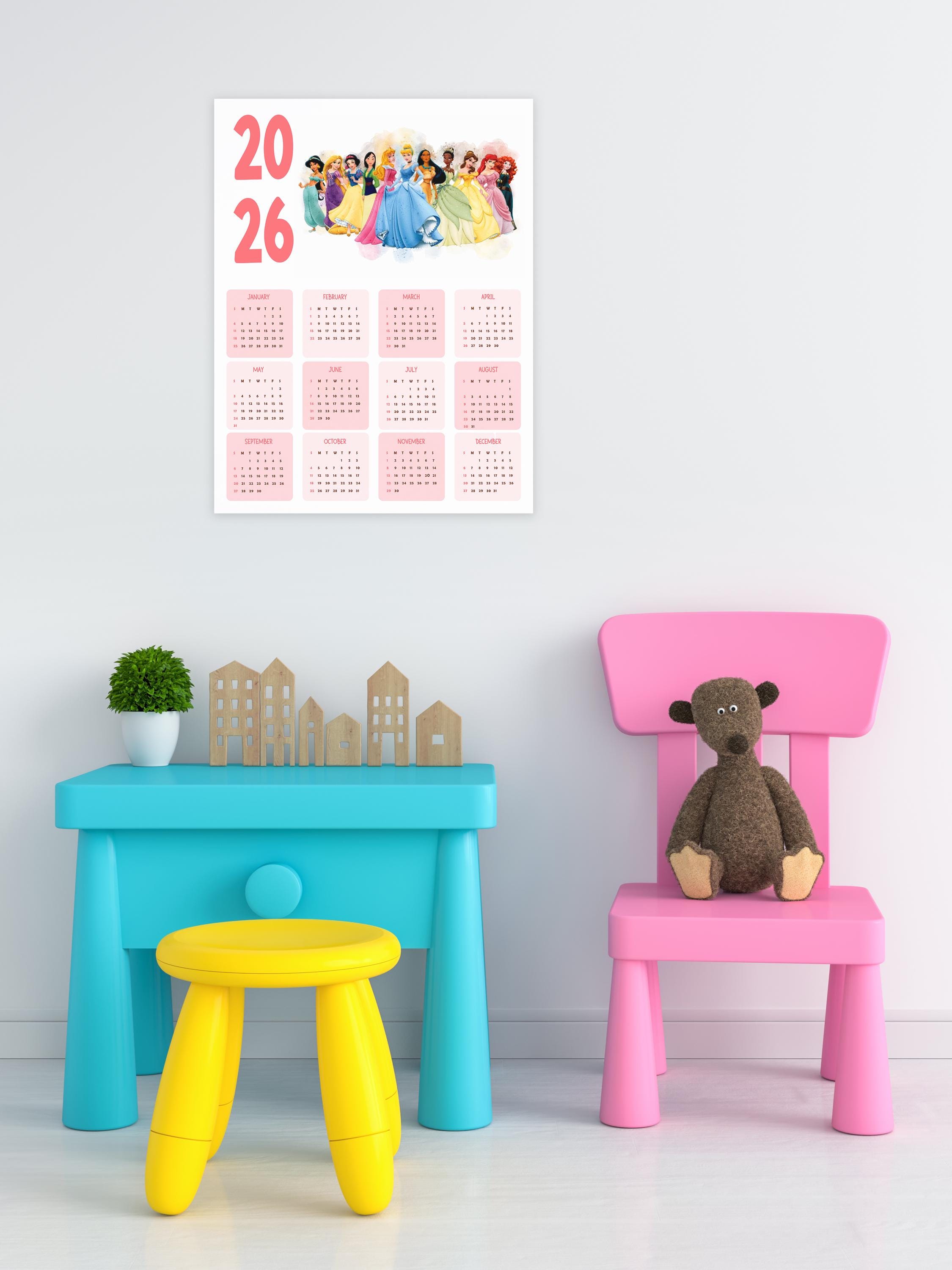 2026 Princess Calendar, 2026 Calendar for Kids Room, Printable Kids ...