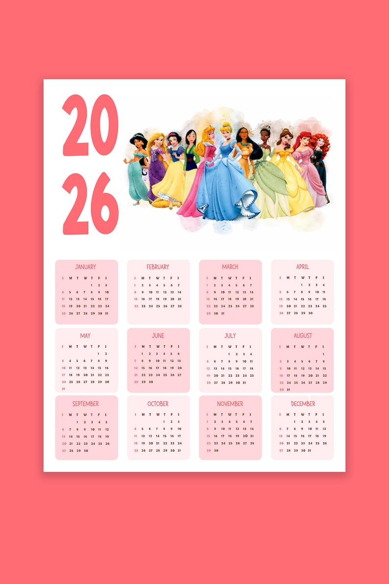 2026 Princess Calendar, 2026 Calendar for Kids Room, Printable Kids ...