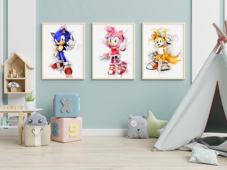 Set of 8 Sonic Watercolor Prints, Sonic Nursery Wall Art, Kids Room ...