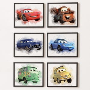 Lot de 6 affiches de film Lightning McQueen Cars | Décoration murale pour chambre d'enfant | Impressions numériques à l'aquarelle | Clipart numérique de haute qualité